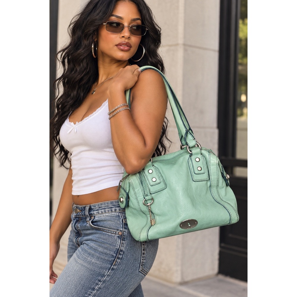 Fossil Aqua Blue Leather Satchel Shoulder Bag Key Charm Distressed Vintage Style